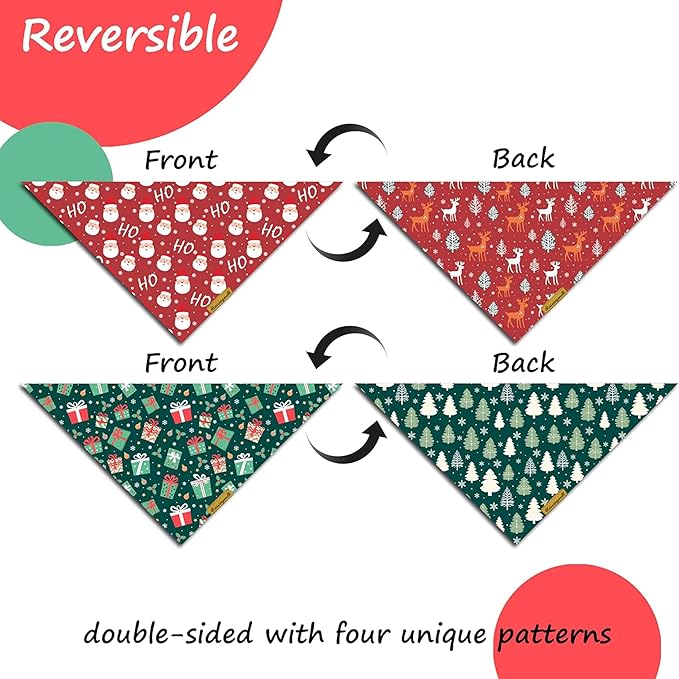 Christmas Dog Bandanas 2 Pack, 4 Pattern Reversible Holiday Bandana for Boy and Girl, Dog Scarf for Small and Medium Breed Dogs | Chritmas Gift | Reindeer | Santa Claus | Tree |