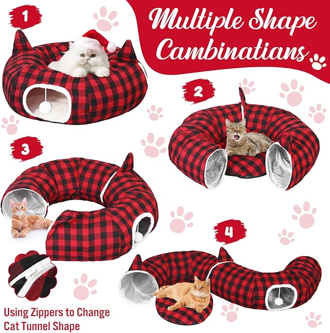 Christmas Cat Tunnel Bed with 8 Cat Toys Fluffy Plush Dog Tunnel Bed with Washable Cushion and Dangling Balls 3FT Multifunctional Playground for Small Medium Large Rabbit(Plaid,Red)