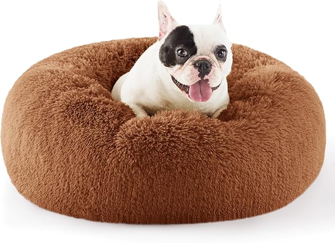 Bedsure Calming Dog Bed for Small Dogs - Donut Washable Small Pet Bed, 23 inches Anti-Slip Round Fluffy Plush Faux Fur Large Cat Bed, Fits up to 25 lbs Pets, Copper