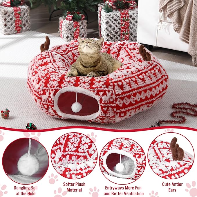 Christmas Cat Tunnel Bed with 8 Cat Toys Fluffy Plush Dog Tunnel Bed with Washable Cushion and Dangling Balls 3FT Multifunctional Playground for Small Medium Large Rabbit(Snowflake,Red)