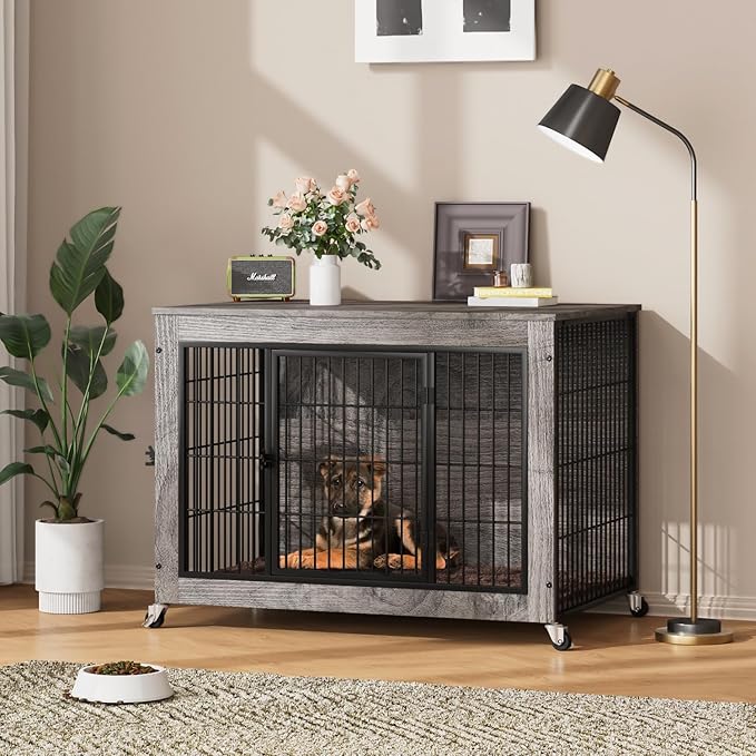 32" Dog Crate Furniture with Cushion,Dog Kennel Indoor for Small/Medium Dog,Wooden Pet House End Table with Durable Mesh,Decorative Pet Crate with Wheels,Wide Top Dog Cage with Storage,Grey