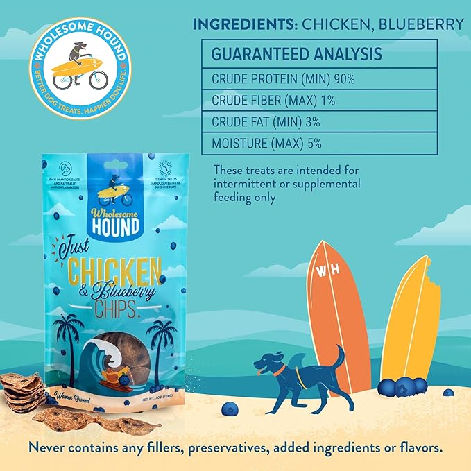 Just Chicken & Blueberry Chips | Two Premium Ingredient & Healthy Dog Treats Rich in Antioxidants | All Natural Canine Rewards | All Breed Sizes Dog Training Treats | Made in USA - 7oz