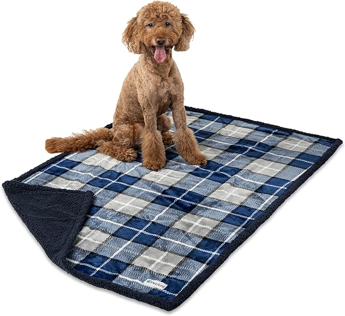 PetAmi Waterproof Dog Blanket for Medium Large XL Dog Puppy Cat Throw for Couch Cover Leakproof Protection, Sherpa Fleece, Reversible Soft Washable 80x60 Plaid Navy Blue