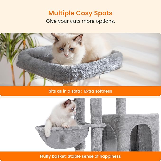 Heybly Cat Tree with Cat Self Groomer Brush, Cat Tower Condo for Indoor Cats with Padded Plush Perch, Cat House with Basket Scratching Board Post, Light Gray HCT005SW