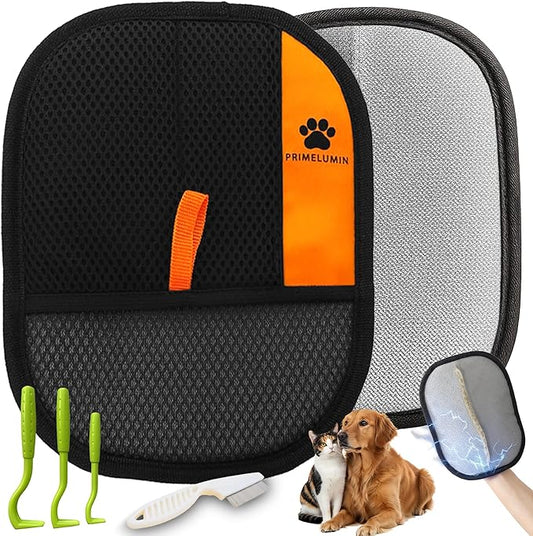 Electrostatic Pet Hair Remover Glove – Reusable & Washable Mitt for Dogs & Cats, Quickly Removes Fur from Furniture, Carpet, Car Seat & Clothing (Black/Orange)