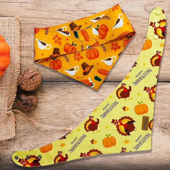 Thanksgiving Dog Bandanas with Snap Button, 2 Pack Adjustable Fall Bandanas for Small, Medium, and Large Dogs, Pumpkin Pet Scarf for Autumn Costume Accessory & Photo Shoot (Small)