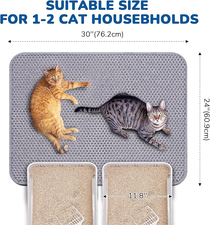 BurgeonNest Cat Litter Mat 30" x 24", Upgraded Felt & Fabric Material Cat Trapping Mat for Fewer Creases, Holds 1-2 Litter Boxes, Urine-Proof, Machine Washable, Non-Slip, Soft on Paws, Grey