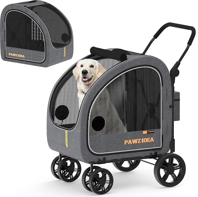 PAWZIDEA Large Dog Stroller with Detachable Carrier, Portable Dog Crate for Car Travel, Multiple Pet Strollers for Medium Dogs up to 80lbs, Adjustable Handle, All-Terrain 9” Wheels, Storage Organizer