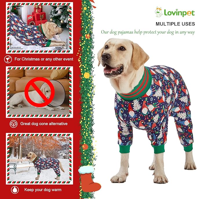 LovinPet Large Dog Christmas Pajamas - Dog Christmas Outfit Xmas Holiday Costume, Lightweight Pullover, A Gnome to FA La Navy Prints Large Dog PJ's Pitbull Clothes, Dog Onesie, Christmas Outfit 2XL