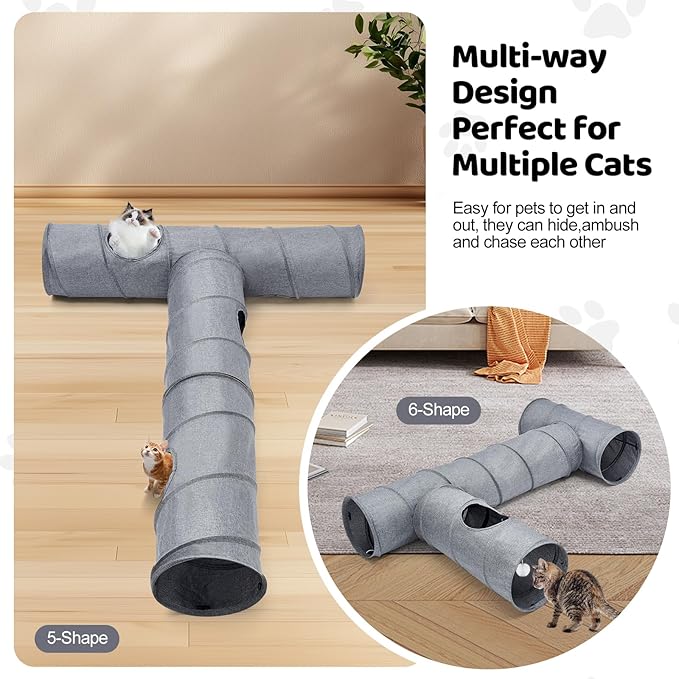 Cat Tunnel, 3 Straight Shaped Tunnels 6 DIY Shapes with Wand Toys, No Noise Scratch Resistant Cool Linen Fabric, Interactive Pet Tunnel Tube for Indoor Cats, Puppy and Rabbits