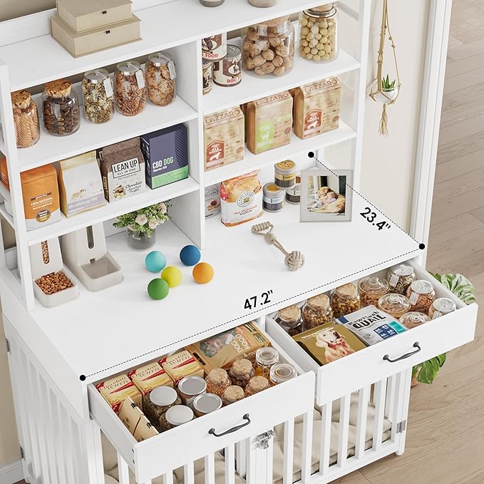 Keyluv 71''H x 47.2''W Large Dog Crate Furniture with 4-Tier Shelves and 2 Storage Drawers, Heavy Duty Dog Cage Furniture with 2 Doors, Wood & Metal Dog Kennel Indoor for Small/Medium/Large Dog, White