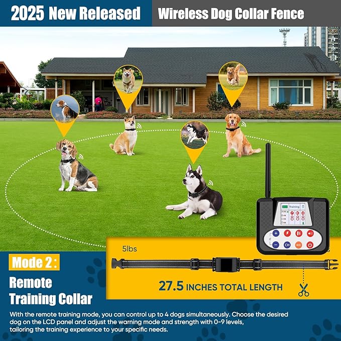 Wireless Dog Fence, Electric Fence for Dogs with Big LCD Screen, Portable Wireless Pet Fence & Remote Training Collar, Dog Perimeter Fence, Adjustable for Large Medium Small Dogs (for 2 Dogs)