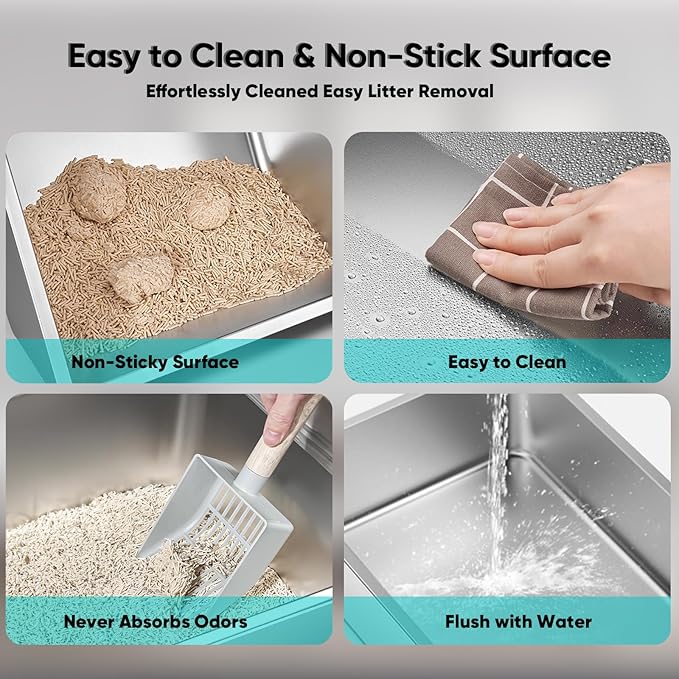 Stainless Steel Cat Litter Box with Lid, XL Large Litter Box for Big Cats, Enclosed Kitty Litter Pan with High Sides, Anti-Leakage&Non-Stick, Easy to Clean, Included Scoop, Aisle and Mat White