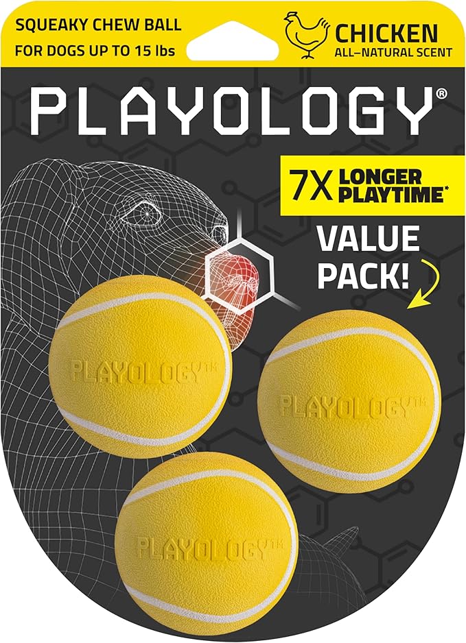 Playology Dog Toys | Squeaky Chew Ball - Bouncy Durable Floating Fetch Ball for Dogs, Value 3-Pack | Small Chicken Scented Toy - Easy to Clean and Made from Non Toxic Materials