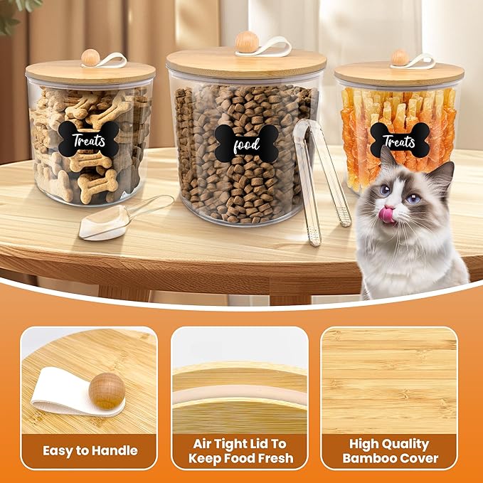 3 Pack Airtight Dog Food Storage Container, Dog Treat Container Dog Food Containers with Bamboo Lids 8x7''&6x5'',Pet Food Storage Container,Cat Food Container with Scoops,Clamp,Labels,Pen