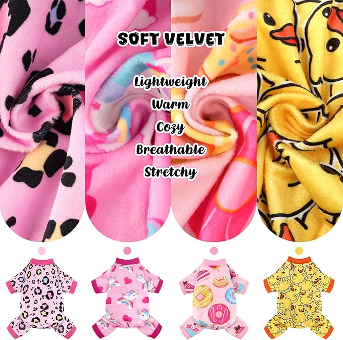 4 Pack Dog Pajamas Soft Lightweight Dog Recovery Suit Onesie Clothes for Small Medium Female Boys Girls Dogs Cats (XL (Back: 16",Chest: 20.8", Neck: 12"), Leopard,Donut,Unicorn,Duck)