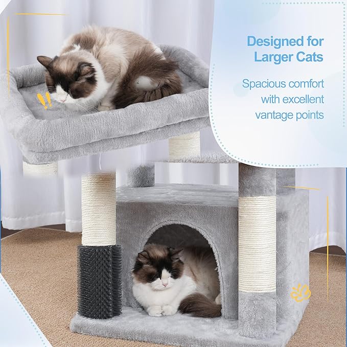 Hey-brother Cat Tree Tower, Scratching Posts with Extra Large Platform, Specious Condo, 2 Cozy Hammocks, Self-Grooming Brush for Indoor Adult Cats, Maine Coon 51.1 inches, Light Gray MPJ070W