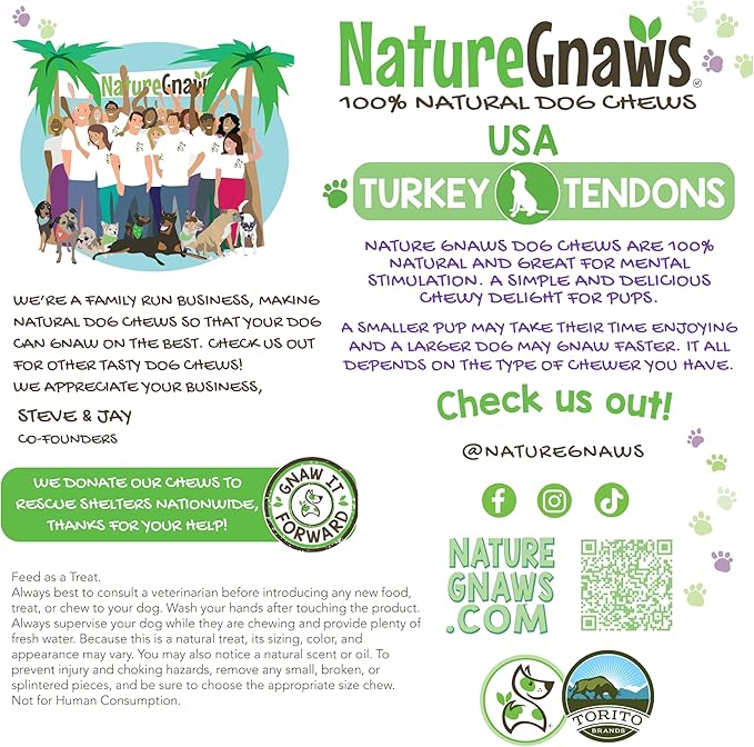 Nature Gnaws USA Turkey Tendons for Dogs (8oz) - Delicious Grain Free Reward Snack for Small, Medium & Large Breeds - Premium Natural Dog Chew Treats