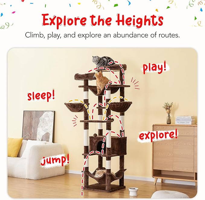 77-Inch Brown Cat Tree for Indoor Cats, Multi-Level Large Cat Tower with 4 Hammocks, 2 Padded Perches, Cat Condo, Sisal Scratching Posts and Hanging Toys for Adult Cat