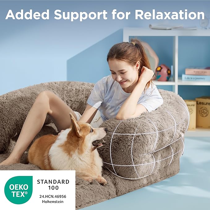 LE SURE Foldable Human Dog Bed - 3 in 1 Flexible Giant Human Dog Bed for Adult People with Supportive Bolster Egg Foam, Waterproof Liner, Calming Fluffy Faux Fur Orthopedic Big Bean Bed, Camel