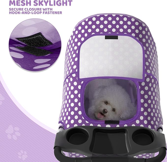 Magshion 3-Wheel Pet Stroller, Foldable Travel Jogger for Small & Medium Dogs & Cats (Up to 33lbs), Lightweight Carrier with Breathable Mesh Cover, Cup Holder & Storage Basket, Purple Polka Dots