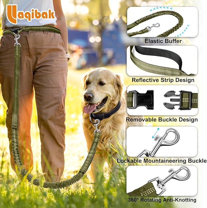 Hands Free Dog Leash, Adjustable Waist Leash for Dog, Handle Bungee 4.2-6.7 Feet Long with Reflective Stitches for Walking Hiking Running, Fits 26"- 47" Waist, Army Green