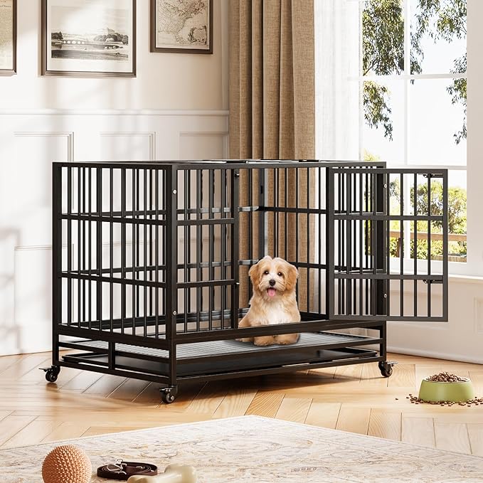 42 in Heavy Duty Dog Crate, Foldable Indoor Dog Cage with Double Door, 360° Lockable Wheels and Removable Tray, Easy to Clean and Assembly，for Small Medium Large Dogs