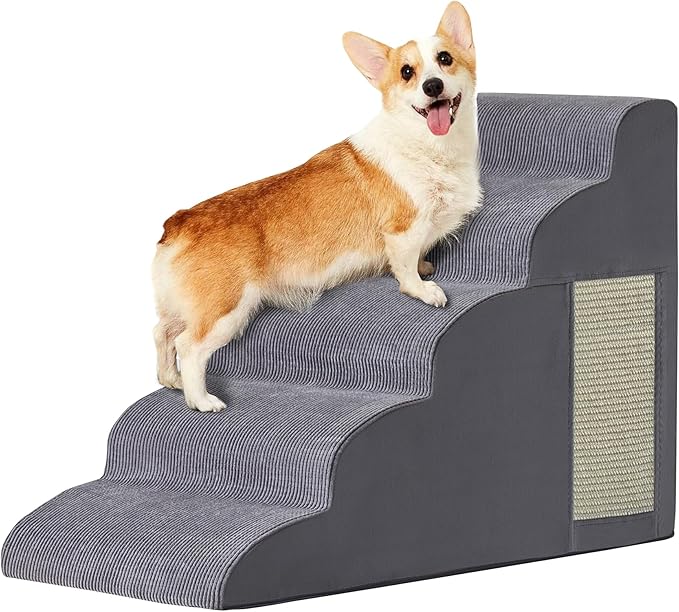 Pet Stairs, Dog Stairs for Small Dogs, Dogs Steps, 5-Step Curved Dog Ramp for Bed, Couch, Sofa, Car and Chairs, Non-Slip Bottom Design, Cat Scratching Board, High Density Foam Portable Pet Step, Grey