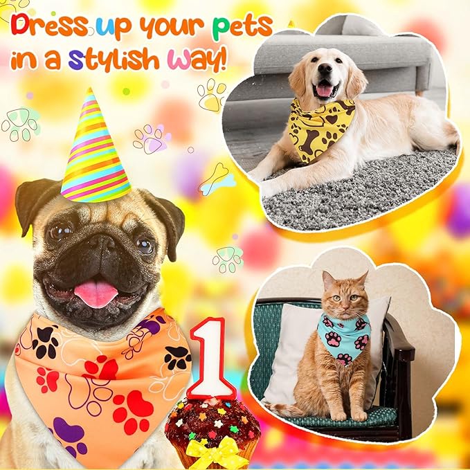 Geyoga 240 Pcs Halloween Dog Bandanas Bulk Thanksgiving Pet Bandanas Adjustable Fall Triangle Dog Grooming Scarf Bibs Kerchief for Small Medium Large Cats Pet Costume A(Paw Print)