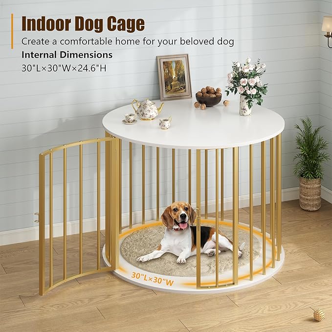 32 Inch Dog Crate Furniture for Large Medium Dogs, Wooden Dog Kennel Indoor Decorative Pet House Side End Table, Round Dog Cage, White and Gold