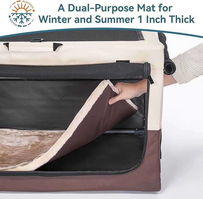 PETSFIT Portable Dog Crate, Collapsible Dog Crate - 24 Inch Easy Set-up, Light, Sturdy, Comfy Inside with Thicken Mat, Soft Crate for Home and Travel Brown