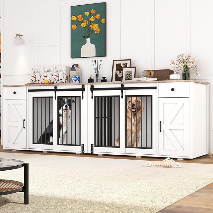 Verano Garden 88" Large Dog Crate, 2-in-1 Furniture-Style Dog Crate with Storage Drawer & Cabinet, Heavy Duty Dog Kennel Dog Cage Indoor for Small Medium Dogs, White (88.2")