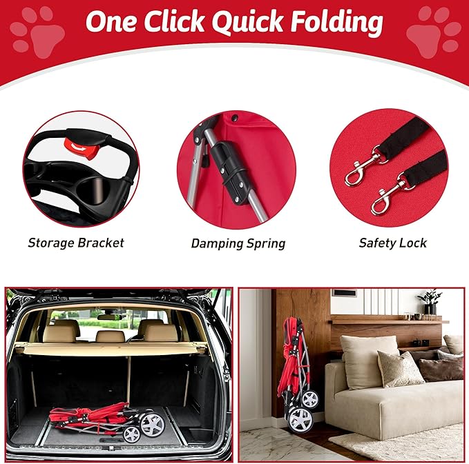 Pet Stroller, 4 Wheels Pet Strolling Cart for Medium/Small Dogs and Cats, Foldable Cat Jogger/Dog Stroller with Cup Holder, Storage Basket, Breathable Mesh, All-Season Pet Carrier, Red