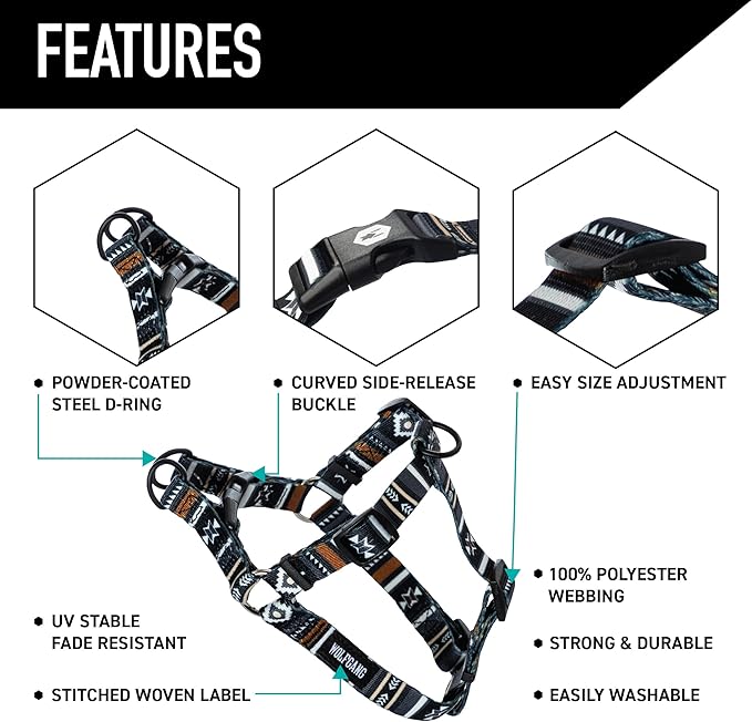 Wolfgang Heavy Duty Adjustable Dog Harness, Pull-Tested to Over 800 lbs for Walking & Training, NewMoon Print, Large