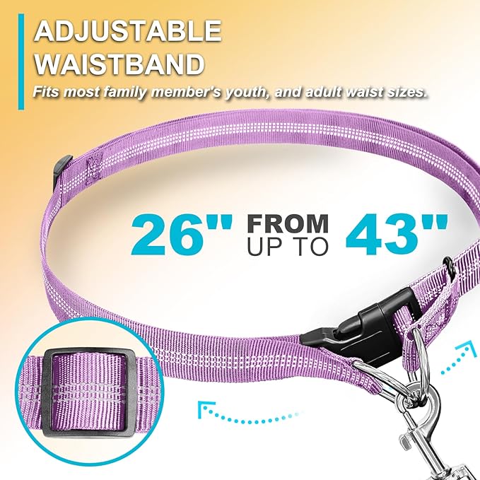Hands Free Dog Leash, Adjustable Waist Leash for Dog, Handle Bungee 4.2-6.7 Feet Long with Reflective Stitches for Walking Hiking Running, Fits 26"- 43" Waist, Light Purple