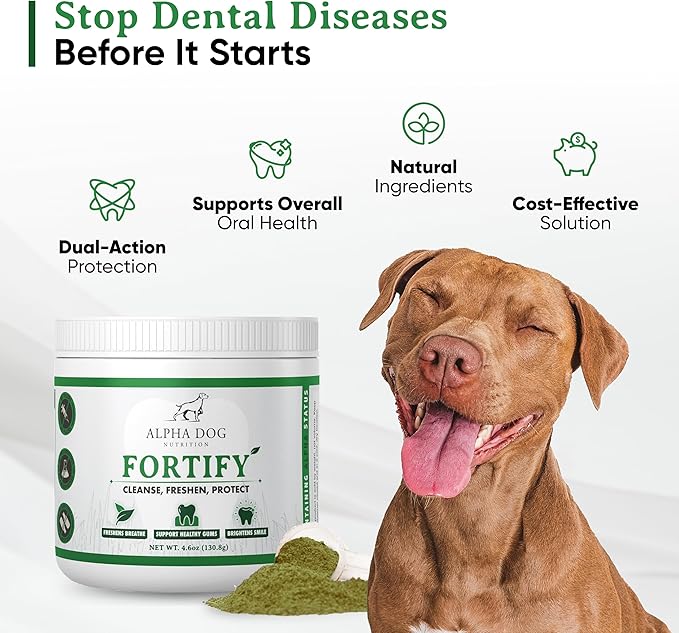 Dog Teeth Cleaning Powder - Fortify Dental Powder for Dogs - Plaque Remover and Freshens Bad Breath with Fresh Green Supplements - Contains Kelp, Probiotics, and Other Tooth Cleaning Ingredients