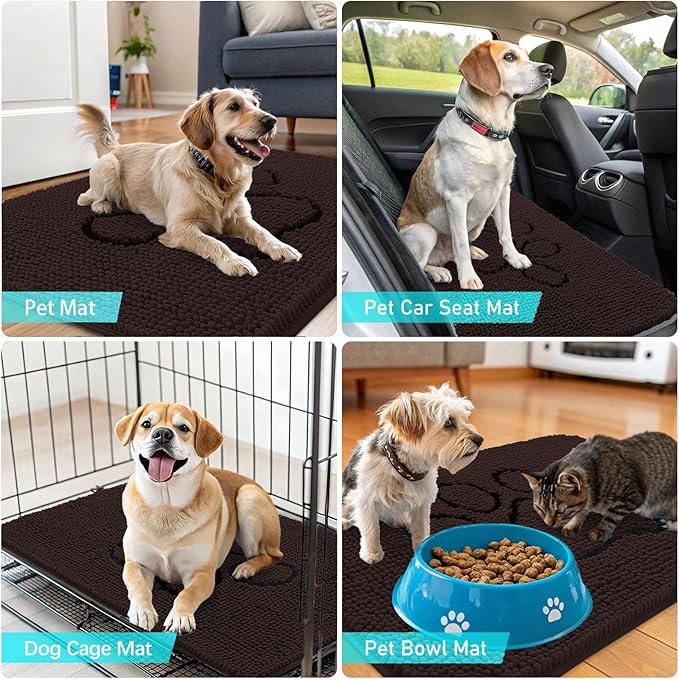 OLANLY Dog Door Mat for Muddy Paws 36x24, Paw Print Design, Absorbs Moisture and Dirt, Absorbent Non-Slip Washable Doormat, Quick Dry Chenille Mud Mat, Entry Indoor Entryway Carpet, Brown and Black