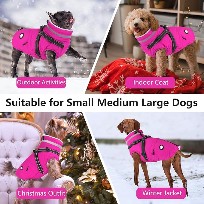 Dogcheer Dog Coat with Harness, Waterproof Dog Jacket Christmas Pet Winter Coat with Pockets, Reflective Doggy Turtleneck Fleece Jacket for Small Medium Large Dogs - Pink, M