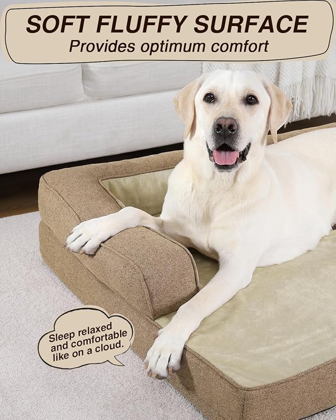 KSIIA Washable Dog Bed Large Sized Dog U-Shaped Bolster Pet Couch with Removable Waterproof Cover, Non-Slip Bottom and Egg-Crate Orthopedic Foam Pet Bed, 41 x 27 Inch, Brown