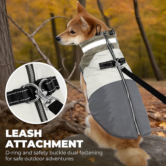 Dog Coat, Waterproof Dog Winter Coats for Small Dogs, Reflective Dogs Jacket with Harness Built in, Zip-up Cold Weather Coats Pet Vest Turtleneck Doggy Snowsuit, Grey Medium