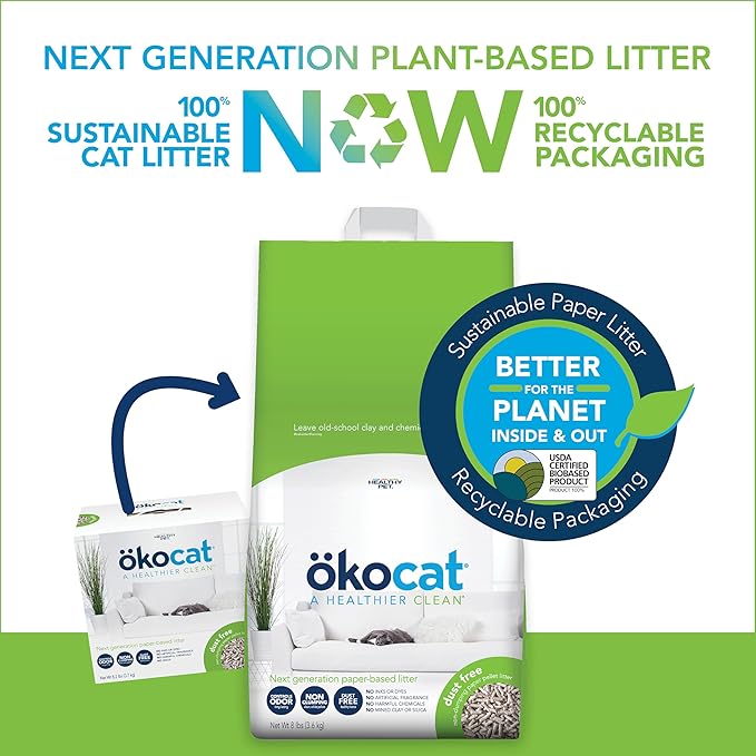ökocat Dust Free Non-Clumping Paper Pellet Cat Litter, Unscented, 8 pounds - Natural Ingredients, Controls Odor, Dust Free, Great for Homes with Allergies, Postsurgical Needs