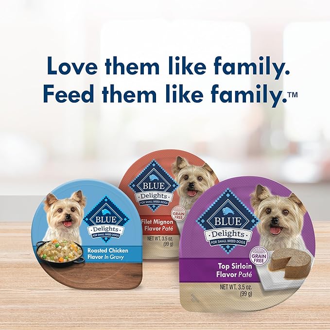 Blue Buffalo Delights Natural Adult Small Breed Wet Dog Food Cups, Pate Style, Top Sirloin Flavor in Savory Juice 3.5-oz (Pack of 12)