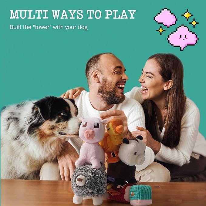 Funny Pixel Style Squeaky Dog Toys, 5 Packs Crinkle Plush Stuffed Dog Chew Toy for Small Medium Large Breeds, Unique Puppy Teething Pet Supplies