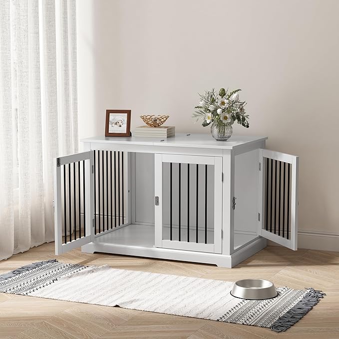 Furniture Style Dog Crate with Cushion, Dog Kennel Medium, Pet Crates, Dog Cage for Small and Medium Dogs, Decorative Dog Kennel with Flip-top Plate, Chew-Proof Metal Bars, White