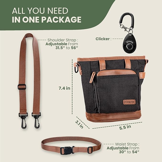 BEAU&FUR Large Dog Treat Pouch with Clicker for Training – 4 Cup Capacity, Built-In Poop Bag Dispenser, Expandable Pocket, Metal Buckle, Large Back Pocket, Ideal Design for Walks and Training – Black