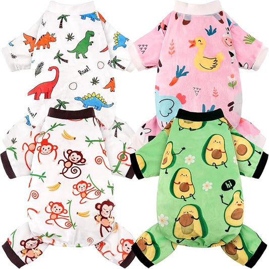 4 Pack Dog Pajamas Soft Lightweight Dog Recovery Suit Onesie Clothes for Small Medium Female Boys Girls Dogs Cats (3XL (Back: 24",Chest: 29.5", Neck: 19"), Dinosaur,Farm,Monkey,Avocado)