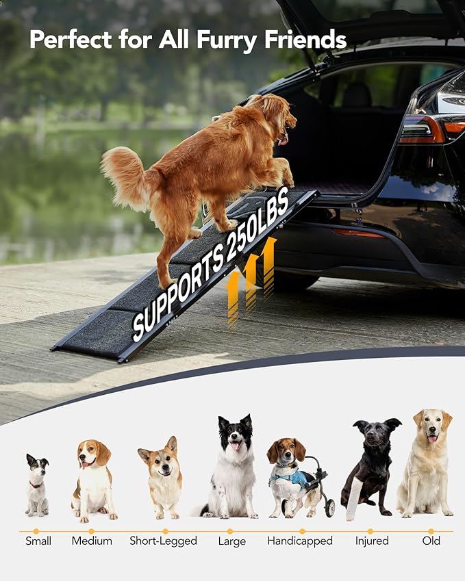 Upgraded Dog Ramp for Car 71'' X-Long & 19.7" Wider Folding Dog Ramps for Large Dogs with Non-Slip Rug Surface Portable Doggy Ramps for SUV Car & Truck, Up to 250 LBS