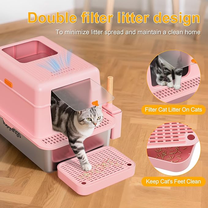 Stainless Steel Litter Box with Lid, 20L Metal Enclosed Litter Box for Big Cat, Flip-Top Design with Anti-Leakage High Sides, Large Cat Lovers Gifts, Pink