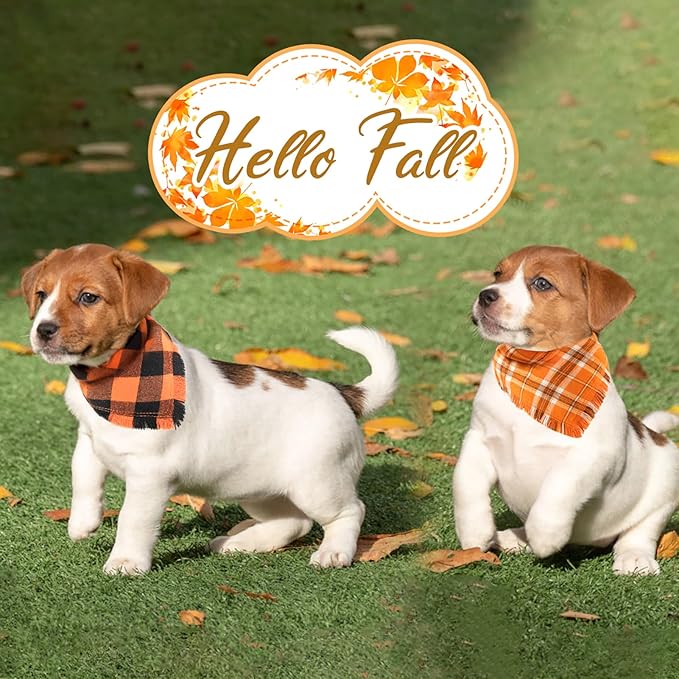 Kytely Fall Dog Bandana 2 Pack, Halloween Thanksgiving Dog Bandanas, Orange Plaid Pet Scarf for Boy and Girl, Holiday Bandana Reversible Triangle Bibs Accessories for Dogs Pets Small