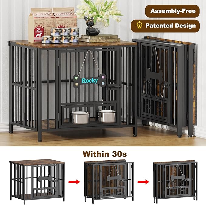 Easycom 27" Dog Crate Furniture Foldable, No Assembly Decorative Dog Kennel Indoor, Dog Crates for Small Dogs (Under 20 lb), Wooden Dog Cage with Adjustable Bowls and Name Tag, End Table, Rustic Brown